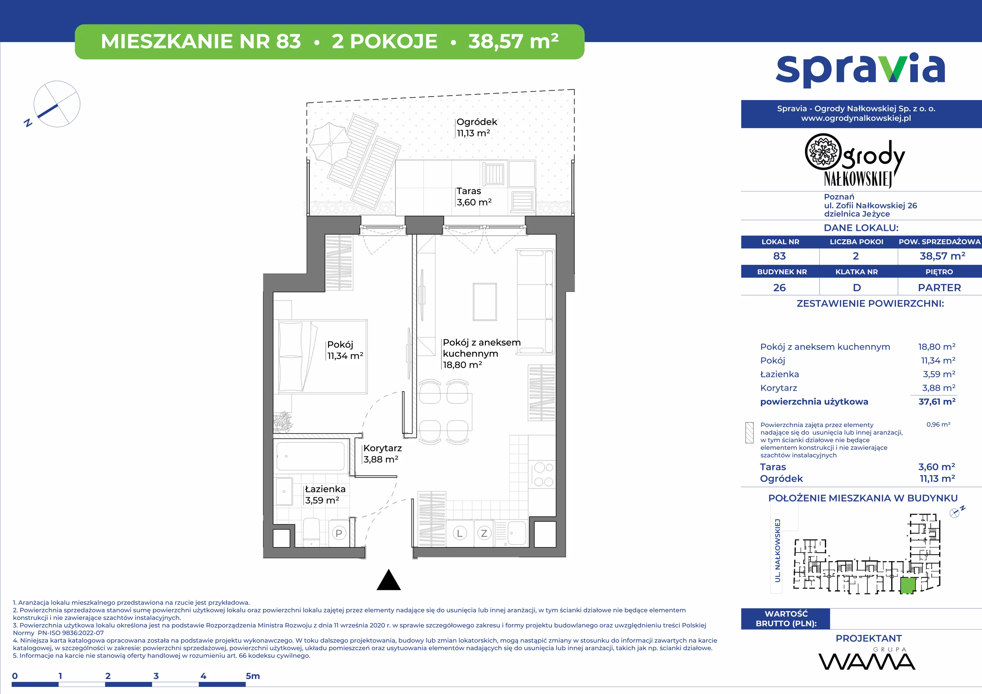 2 pokoje, mieszkanie 38,57 m², parter, oferta nr 26-83, Ogrody Nałkowskiej, Poznań, Ogrody, ul. Nałkowskiej 24, 26